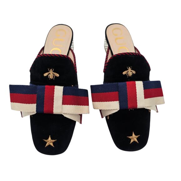 Gucci Sylvie Mule Slipper Black Velvet Star Web Stripe Bow Size 36.5 US 6.5 - Picture 4 of 11